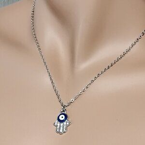 evil eye Hamsa hand necklace CZ Silver tone Good Luck Charm Protection Pendant